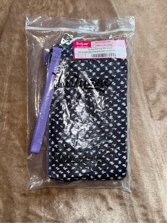 thirty-one Handbags - Thirty-one Black Patterned Wristlet with Lavender Trim and Strap